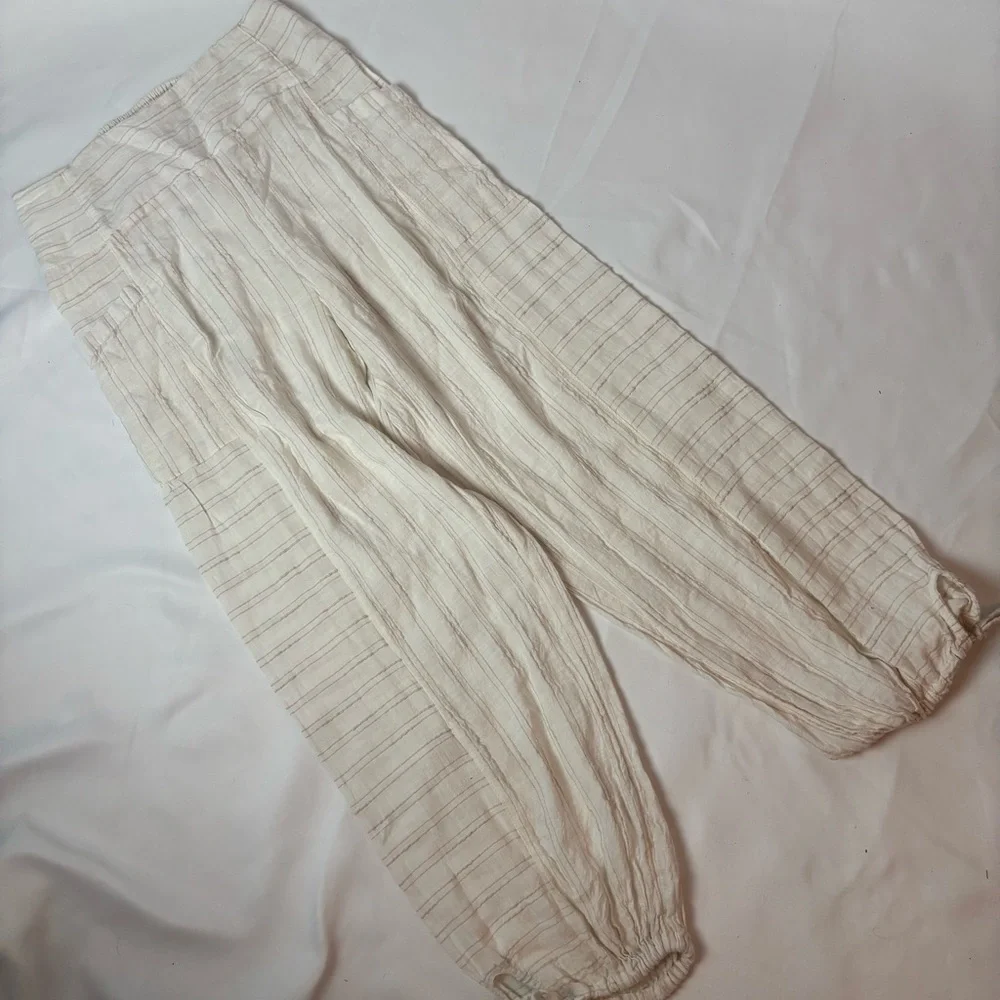 L*Space Summer Love Pants Cream Beige Stripe Tie Ankle Swim Cover Up Size M - Picture 2 of 5